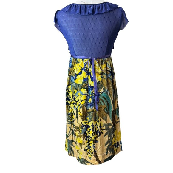 Free People Velvet Burnout Floral Mini Dress Blue Yellow Ruffle Mesh Bodice SZ:S - Picture 5 of 7